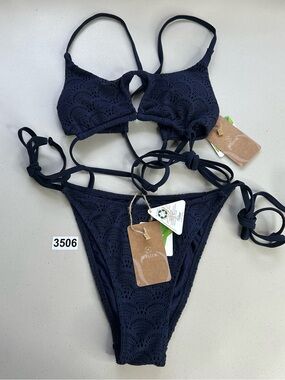 Berlook Bikini Set Blue Crochet Small Cut Out Crisscross Top Tie Bottom New